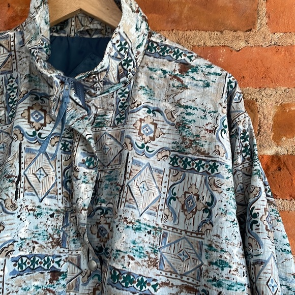 Vintage Oversized Boxy Windbreaker Jacket Tall Collar Blue Print Medium - Picture 4 of 7